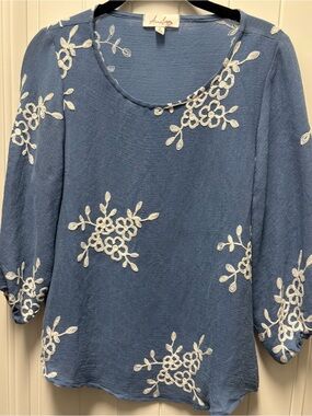 Blue Floral Embroidered Scoop Neck Blouse